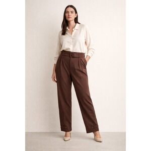 MNG Women Brown Belted Pleated Trousers Pants Size 38 EUR 4 Office‎ Career